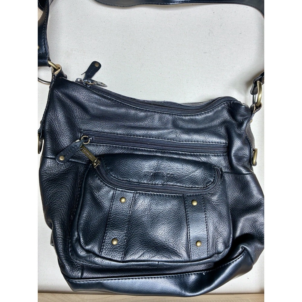 Stone & Co Black Leather Shoulder Bag Multi Pocket Brass Hardware